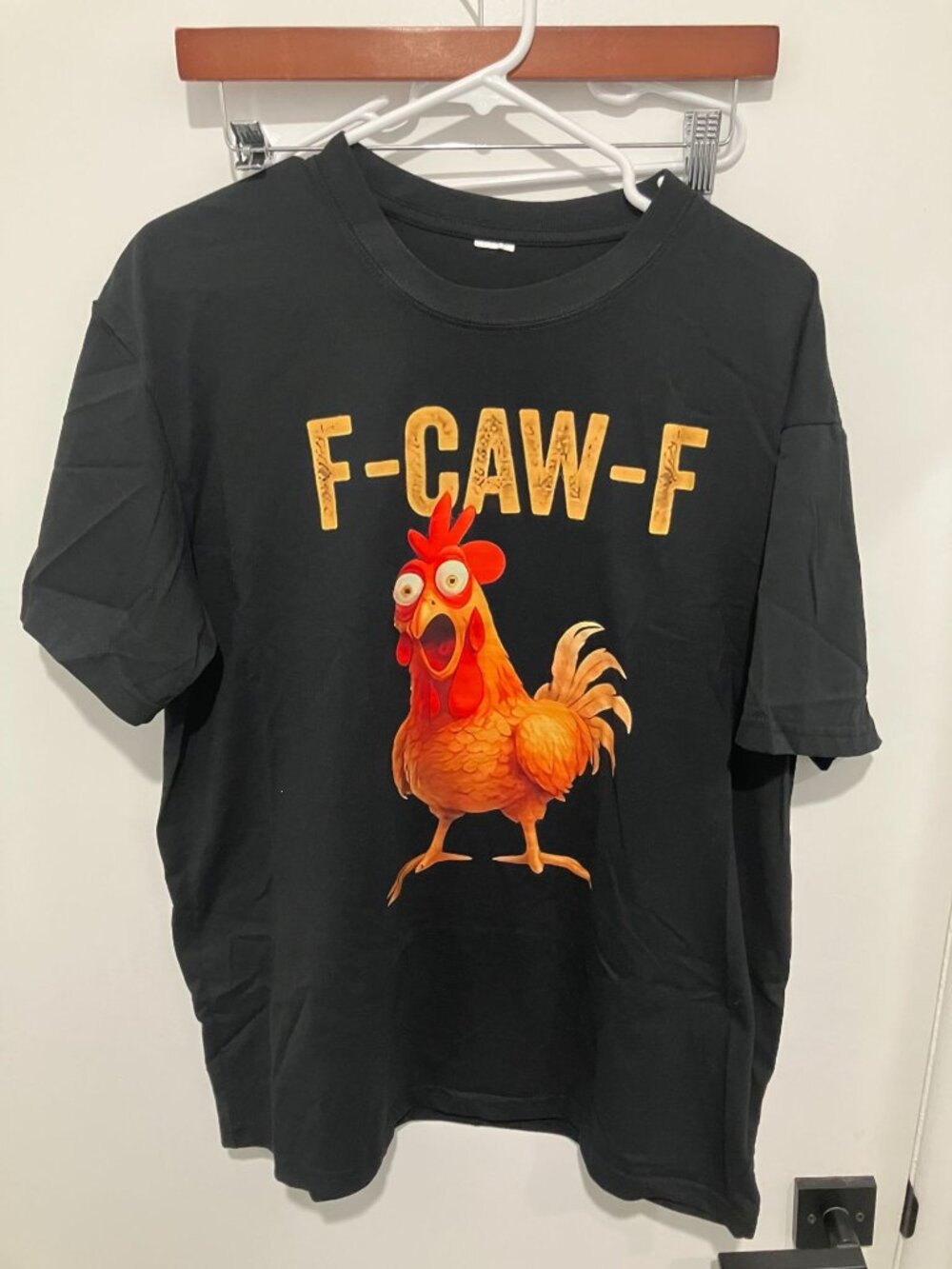 Funny F-CAW-F Chicken Meme Graphic T-Shirt Black Adult Humor Rooster Large